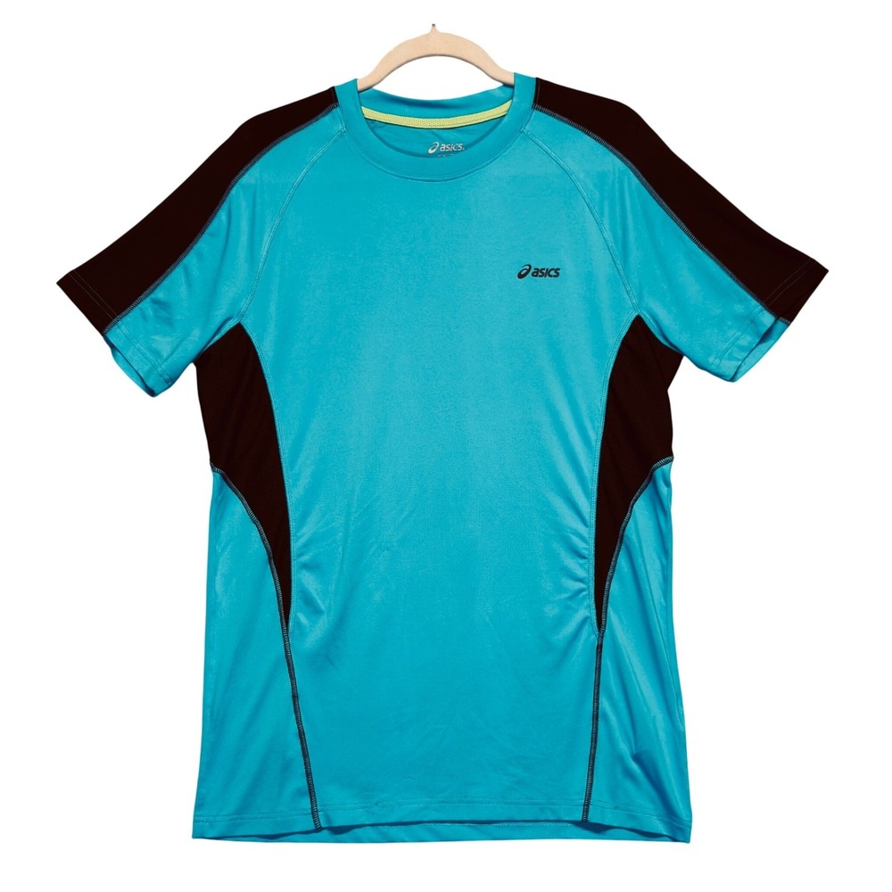 ASICS Performance Running Shirt Mens L Blue Black Short Sleeve Athletic Wicking